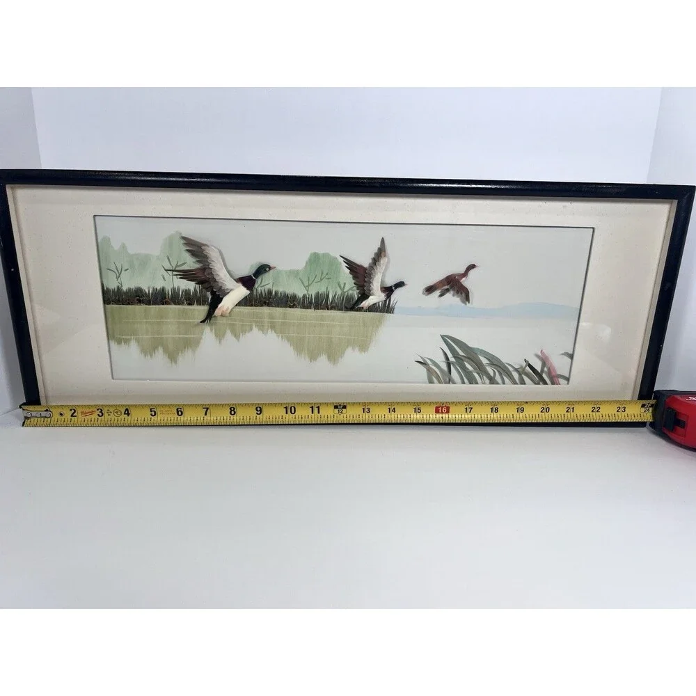 Flying Ducks Wall Decor Vintage Feather Art‎ Shadowbox 3D Framed Marshland scene